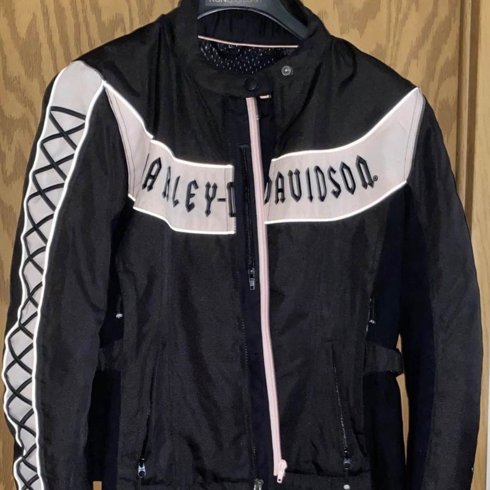 HARLEY DAVIDSON Size L Woman Moto Riding Jacket w/ Body Armor Rugged Black Pink